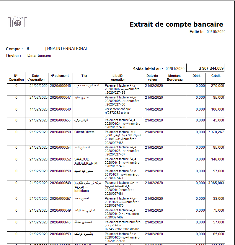 Etat extrait de compte